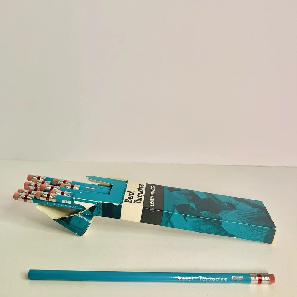 Vintage Berol Turquoise Drawing Pencils With Erasers 1375 (12) NIB NOS USA